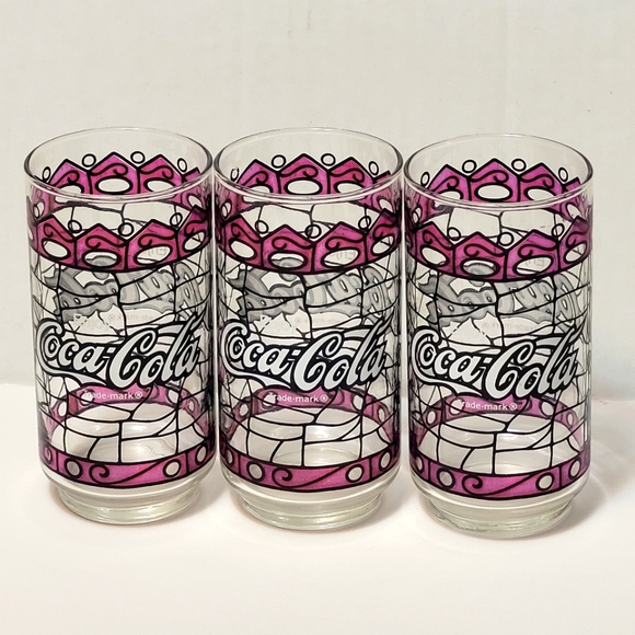 Vintage 70s Coca Cola Stained Glass Drinking Glass Purple Set of 3 - Picture 3 of 5